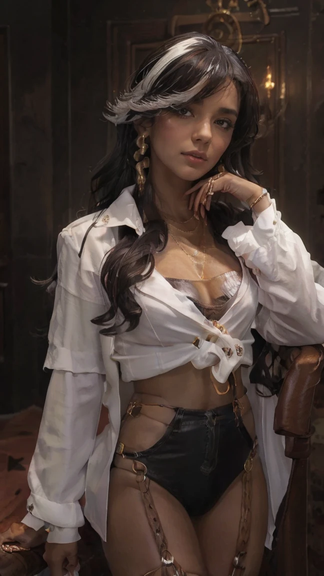 (masterpiece), best quality, ultra-detailed, long hair, jewelry, dark skin, ebony, tanned dark-skinned female, earrings, slim body, streaked hair, hair over streak, bracelet, white shirt, yellow eyes, shirt, jacket, pants, cleavage, white jacket, full body, feet, leather loincloth, Mexican face, Latina woman, lighting background, loincloth, white hair blend