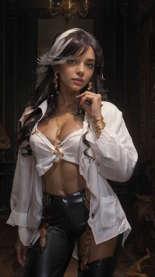 (masterpiece), best quality, ultra-detailed, long hair, jewelry, dark skin, ebony, tanned dark-skinned female, earrings, slim body, streaked hair, hair over streak, bracelet, white shirt, yellow eyes, shirt, jacket, pants, cleavage, white jacket, full body, feet, leather loincloth, Mexican face, Latina woman, lighting background, loincloth, white hair blend