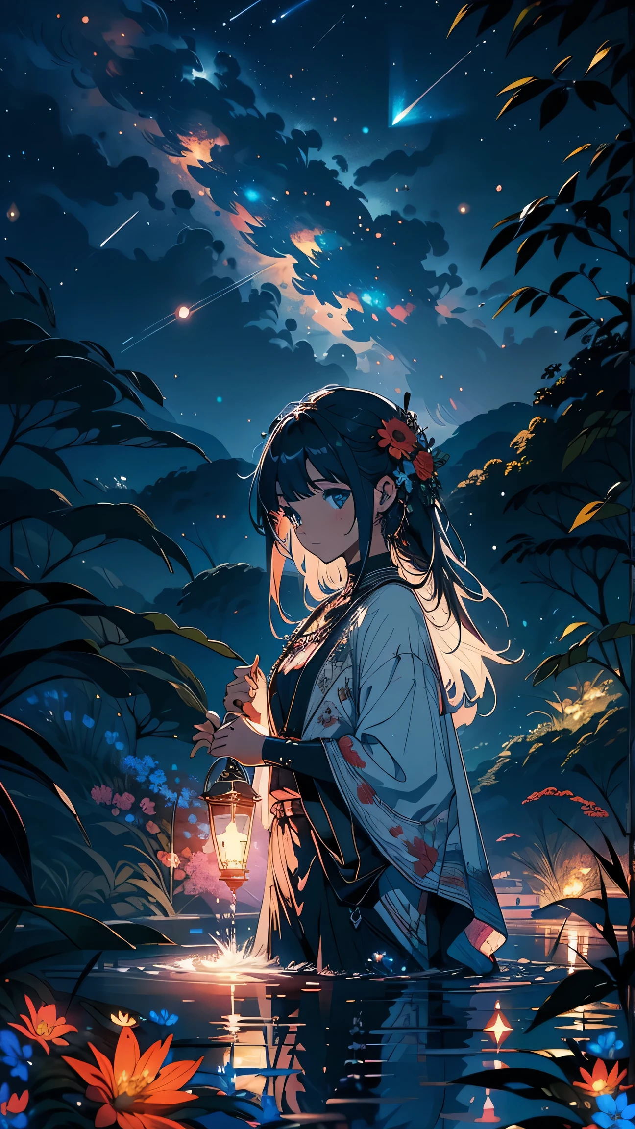 main part, nice, landscape, (((no_Humanos))), night, flower, flower garden, Starry Sky, constellation, wonderful, vision, water, Quint, Accompaniment, peaceful, meteor, universe, magic, magic, detailed, fair, ((Piri Lambos))