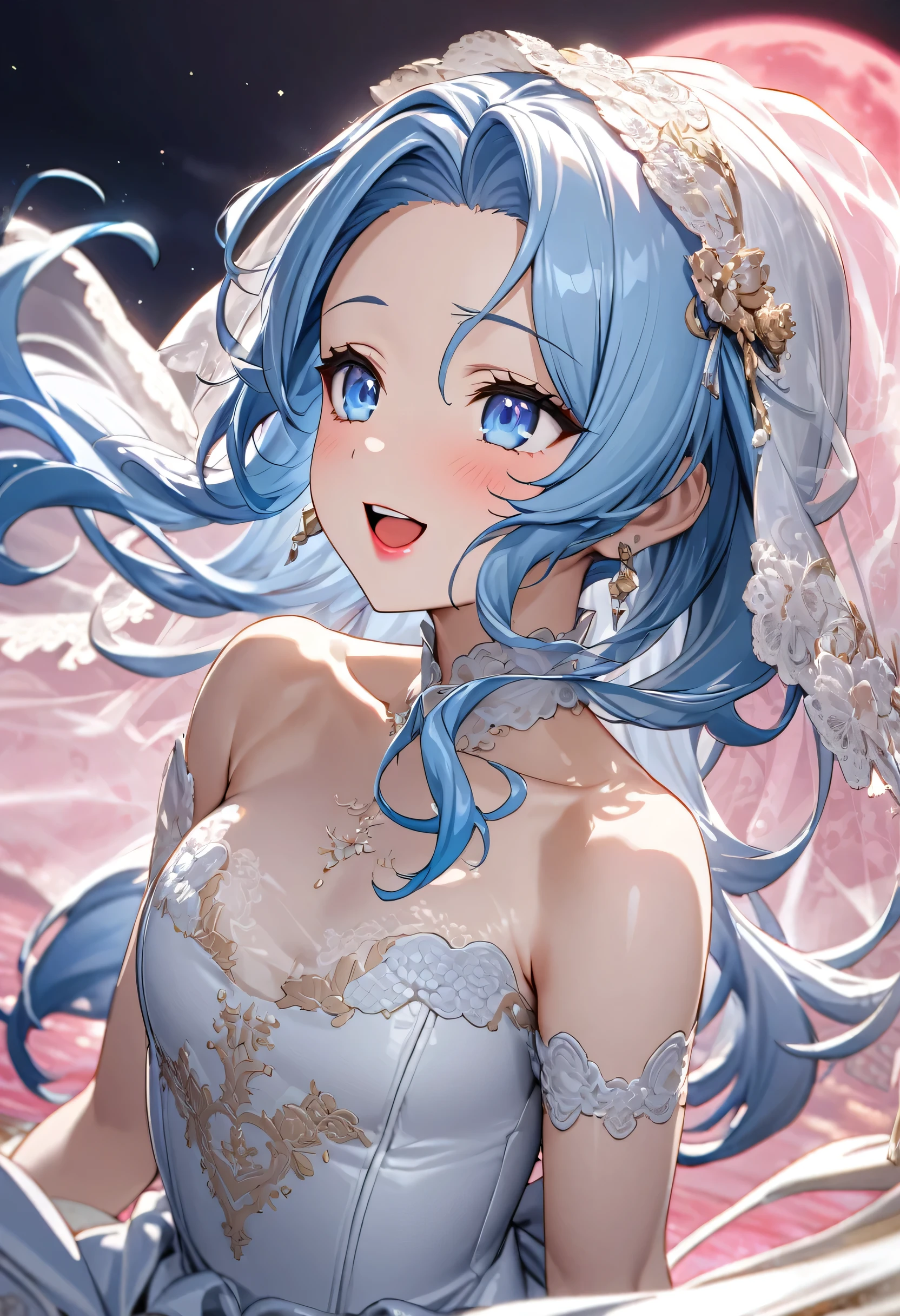 (profile:2 close-up face), (lovely nendoroid:1.4 style) ((15 yo)), (solo:2 forehead blue hair long hair cute bride girl, lovely blue eyes, ecstasy:1.4 smile), break, (((make-up))) ((red lips)), (open mouth), (in a detailed Blue Rose Embroidery silk:1.5 white wedding dress, silk veil), break, (in the open ocean view beach), (background detailed biggest pink moon), BREAK, perfect anatomy, masterpiece, best quality, 16k, beautiful detailed grow, daydreaming expression.