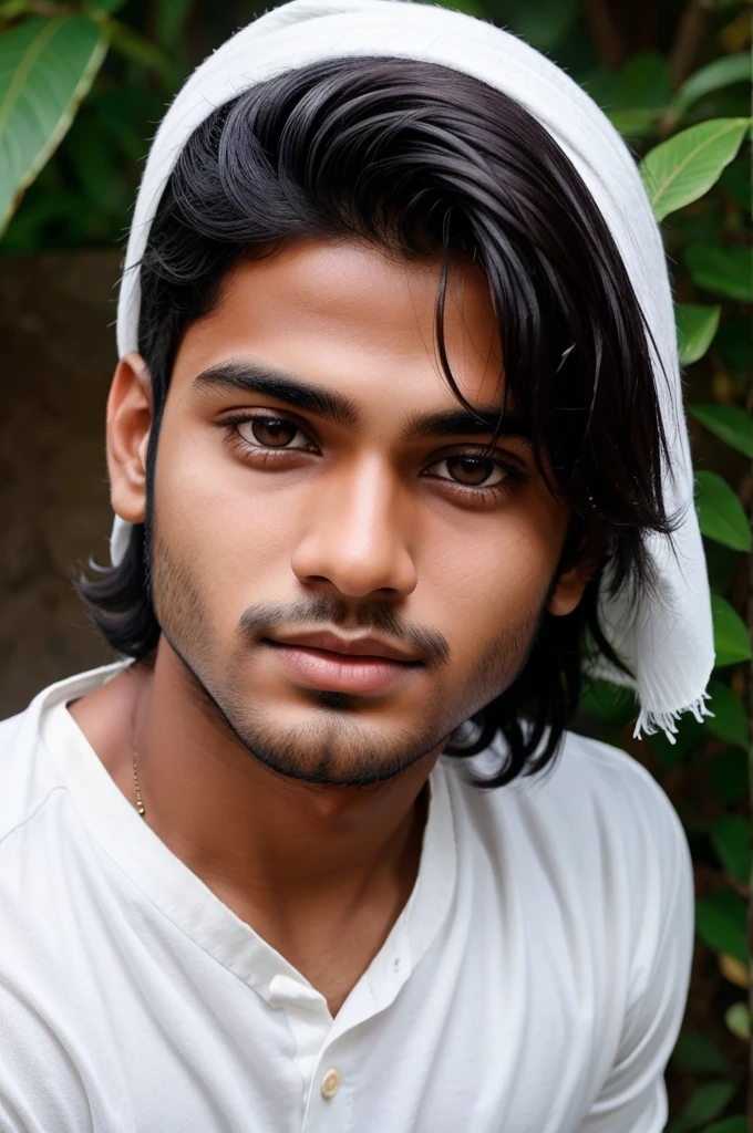 Create a image of kerala boy age 19 with white colour face with dark hair , pretty, beautiful,