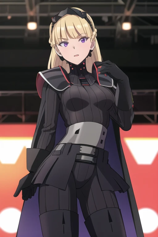 8k,highres,absurdres,masterpiece,best quality,original,extremely detailed CG,extremely detailed wallpaper,perfect lighting,1girl,solo,blurry_background,looking_at_viewer,standing on the stage,
AmSW,long hair,blonde hair,black gloves,purple eyes,black hairband,cape,black bodysuit,medium breasts,braid,blunt bangs,
