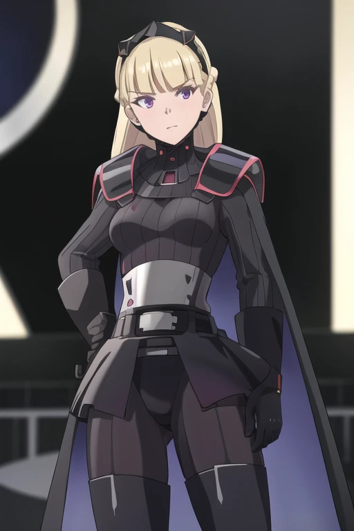 8k,highres,absurdres,masterpiece,best quality,original,extremely detailed CG,extremely detailed wallpaper,perfect lighting,1girl,solo,blurry_background,looking_at_viewer,standing on the stage,
AmSW,long hair,blonde hair,black gloves,purple eyes,black hairband,cape,black bodysuit,medium breasts,braid,blunt bangs,