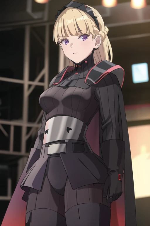 8k,highres,absurdres,masterpiece,best quality,original,extremely detailed CG,extremely detailed wallpaper,perfect lighting,1girl,solo,blurry_background,looking_at_viewer,standing on the stage,
AmSW,long hair,blonde hair,black gloves,purple eyes,black hairband,cape,black bodysuit,medium breasts,braid,blunt bangs,