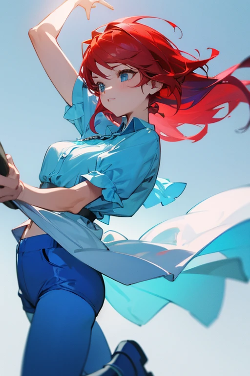 ok. now create a light blue girl with a blue blouse and blue shorts dancing with the boy with red hair