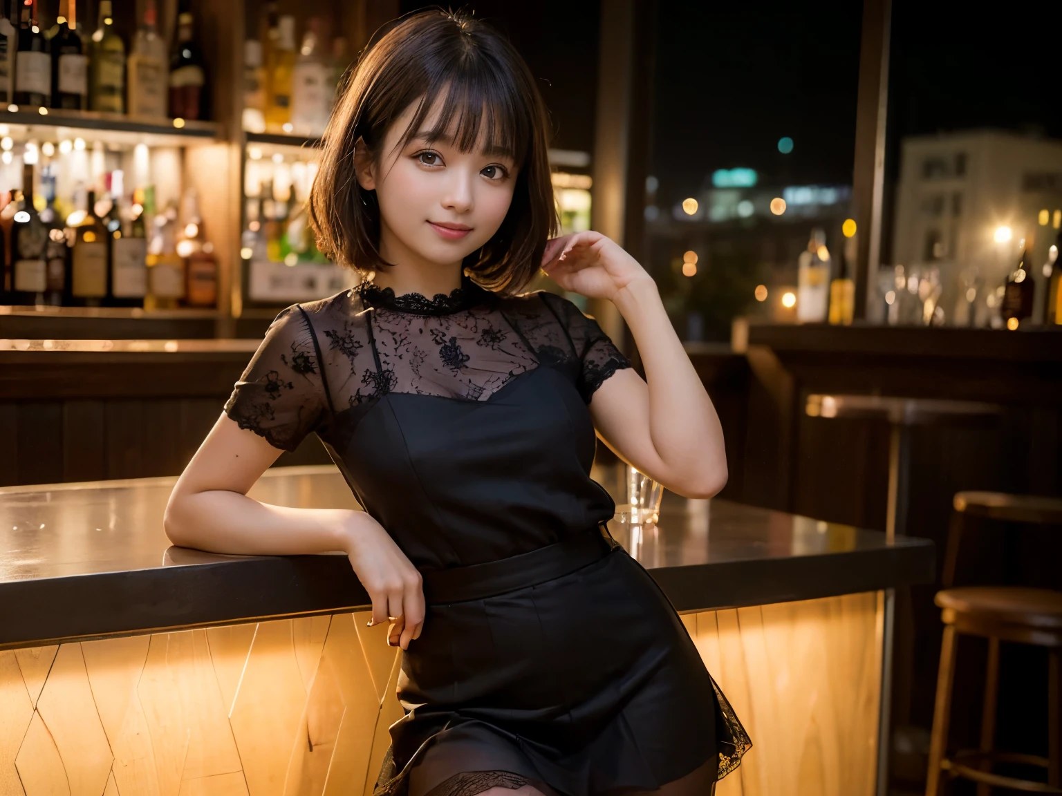 (Highest quality, masterpiece, Ultra-high resolution, 8k, RAW Photos, Realistic, Anatomically correct:1.5), (Stainless steel round bar fence:1.0, Put your elbow on the fence:1.2, Short Bob Cut, 20-year-old girl:1.2, Embarrassing, avert your eyes, blush:1.0, View Viewer, ((bar)) 、Night view、 Light:1.2, Bokeh, Cinema Lighting:1.0, Depth of written boundary, sharp、 Cute face、Idol、Black short sleeve lace top、Black tulle skirt、Black clothing、”dwarf”、(Floral clothes)、Full Body Shot、Cowboy Shot、 smile,