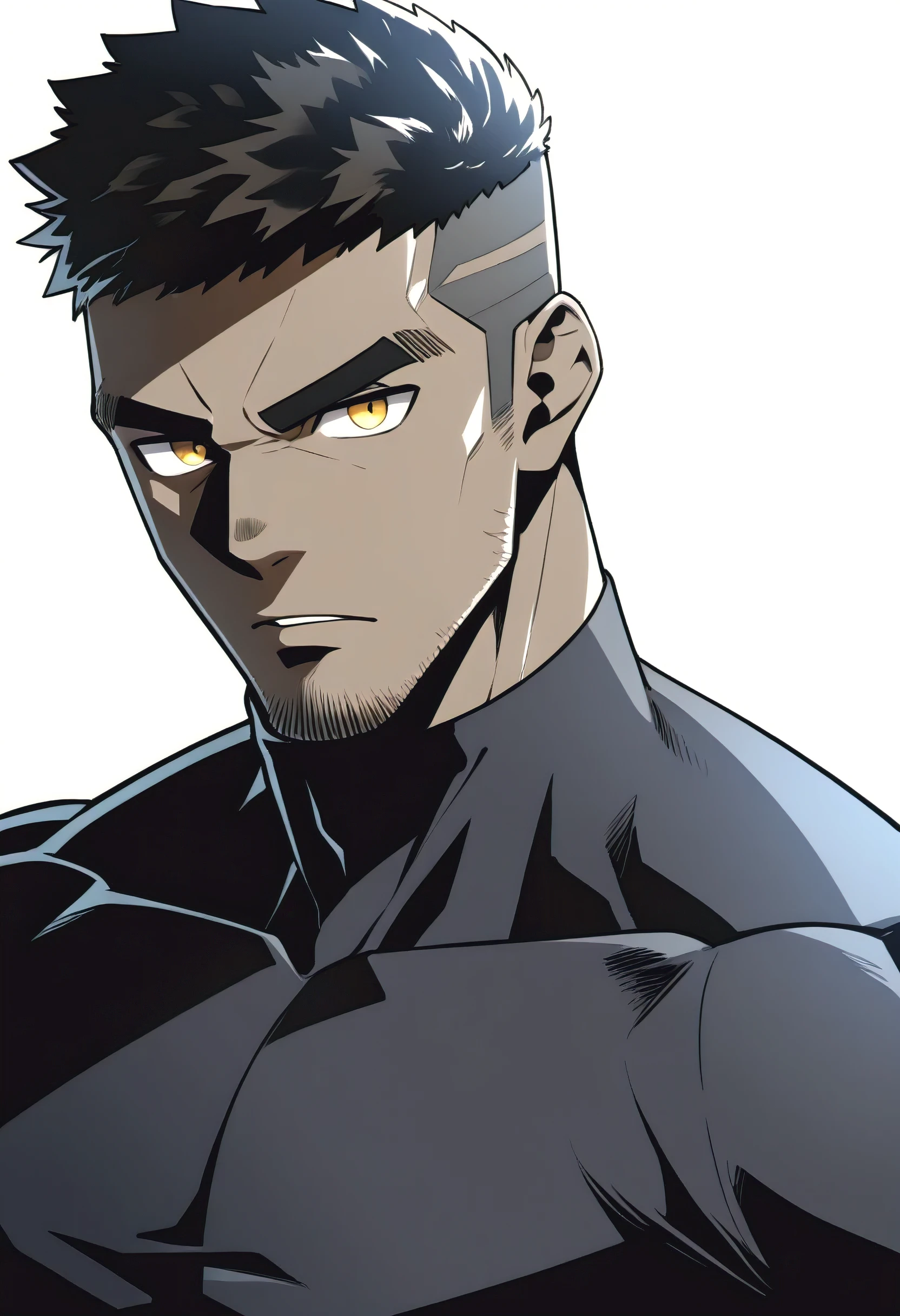 one negro, anime characters：Gyee, Hibino Kafka, One Muscle Sports Student, negro black skin, Very Black, muscular tough guy, Manliness, male focus, Grey long sleeve turtleneck tight t-shirt, Regular symmetrical pattern, Very tight, muscular male, muscular, only, Upper body, alone, Black short hair, Thick eyebrows, stubble, Yellow eyes, White background, simple background, amazing quality, best aesthetics, Ridiculous, bright pupils, crew cut, parted lips, v-shaped eyebrows, jitome, best quality