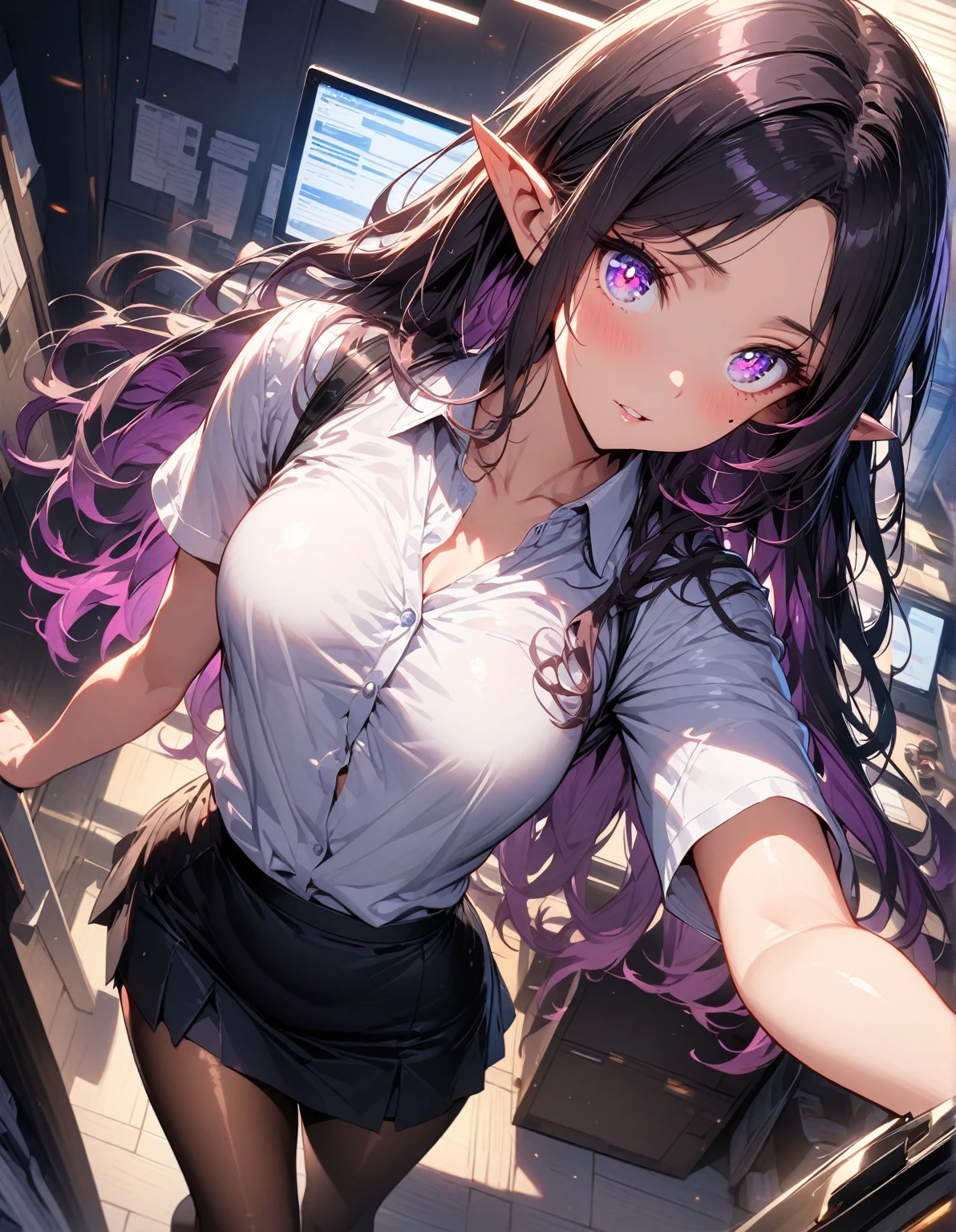 ((highest quality, best quality, masterpiece, ultra high definition, high dynamic range, ultra high resolution)), ((ultra-detailed illustrations:1.2)), 1 girl, solo, anime style, dynamic lighting, dynamic angle, looking at viewer, indoor, office, (beautiful detailed face, beautiful detailed skin, shiny skin, pointed ears, mole under the eyes, mid-chest), (beautiful detailed hair, parted bangs, long hair, black hair, dark purple hair, multi colored hair), (beautiful detailed eyes, beautiful detailed pupils, violet eyes), (white shirt, collared shirt, short sleeves, black mini skirt, pantyhose)