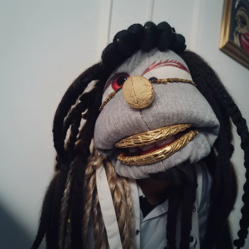 a close up of a cute sock puppet with dreadlocks, realistic cloth puppet, string puppet, wearing diamond gold grills on his teeth, he is smoking a blunt, his eyes are low and red because he is high, highley detailled face, make the eyes match, add a blunt in his mouth