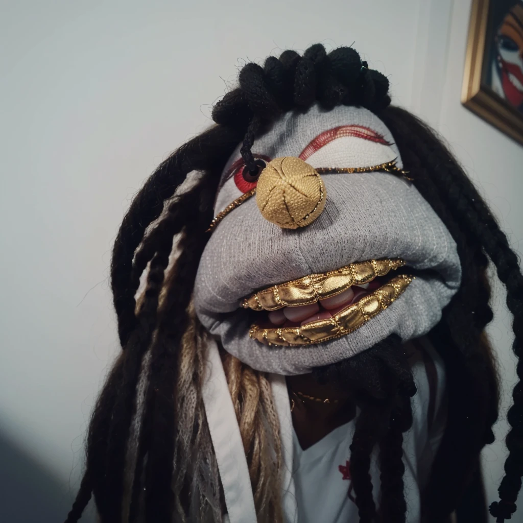a close up of a cute sock puppet with dreadlocks, realistic cloth puppet, string puppet, wearing diamond gold grills on his teeth, he is smoking a blunt, his eyes are low and red because he is high, highley detailled face, make the eyes match, add a blunt in his mouth