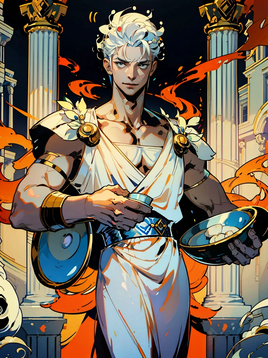 1boy, alone, 25 years old, young, white hair, blue eyes, insister sur les reflets des yeux bleus, cheveux blancs, mid lenght hair, bowl haircut, bowl hair cut, boss, formal business outfit, white outfit, white clothes, raising an eyebrow, smiling, hades style, hades game, Jen zee style, greek themed image, greek background, hypnos, tartarus scenery, fumes, greek columns in background, lots of columns, greek architecture, white themed image, white furniture, orange touches of color, orange walls, looking at viewer, fairy tail Libra character design, libra clothes, libra accessories, hades game wiki obols, hades, game, obols