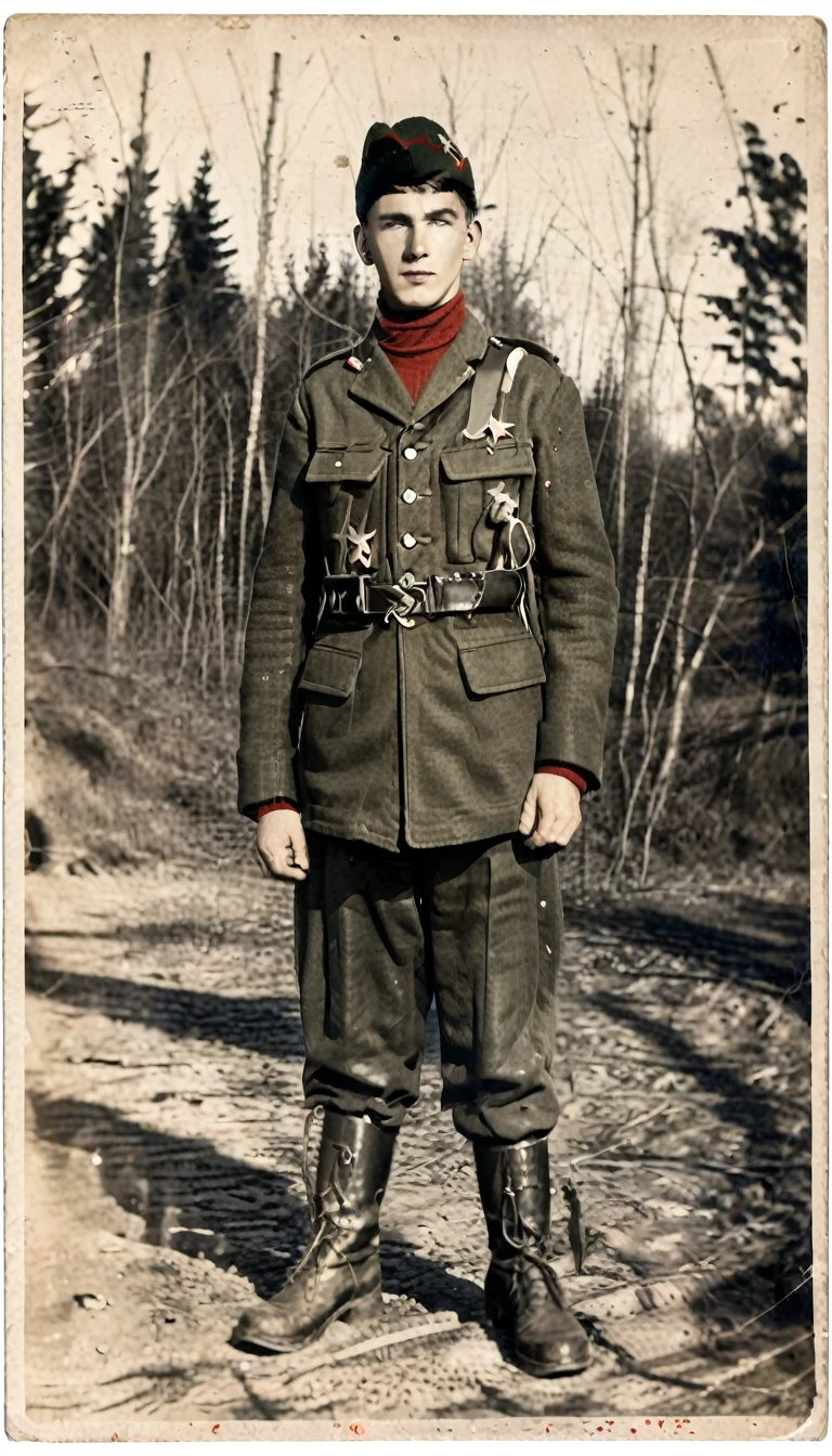 Year 1939, Young man aged 17-18 years , Dark green jacket, red turtleneck, The jacket has a red four-pointed star on the lapel.., Wearing a black vest throughout.., Wearing light green M35 Harovari pants..., Military boots, Wear a Soviet Pilotka Cap.(clamp cap) There is a red star attached to it.., Eastern Slavs(Soviet Union), Soviet Union, World War 2, ww2 old photos, ww2 military camp, 8k, Masterpiece, best quality, perfect face,