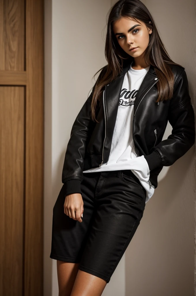 photograph of a 20 year old woman, cara perfecta, Obra maestra, Bien, ropa interior, negro_Bien, Chaqueta, negro_bragas