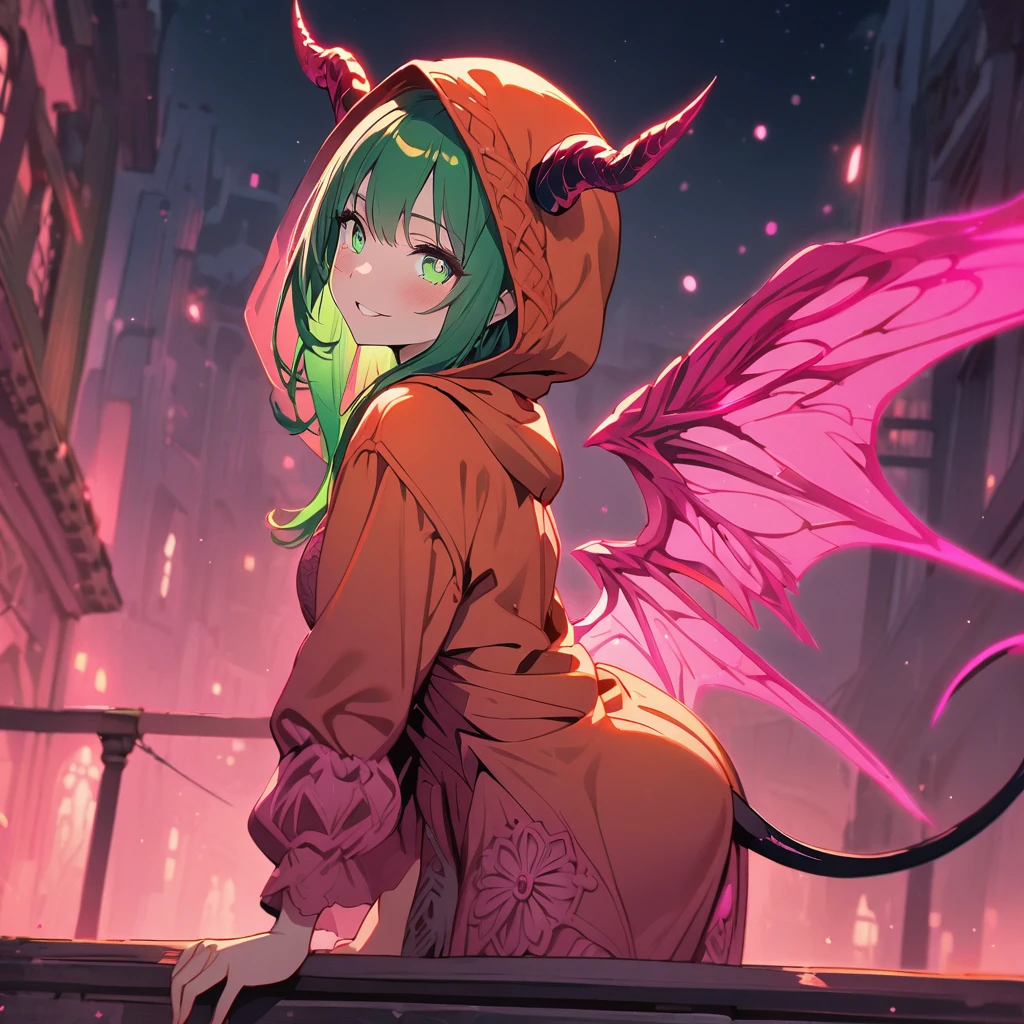 (best quality,detailed (heir|eye),select and generate best screen effect),((1girl,long-deepgreen-hair,green-eyes,orange-hooded-jacket)),(glowing demon wings:1.1), 1 demon girl, crystal eyes, horns, tail,  bewitching smile, (parted lips:0.7), 
hair ornaments, provocative, red clothes, 
(all fours:0.9), on rooftop, pink night, middle ages, 
sharp focus, looking at viewer, cowboy shot, (from side:0.7), 
(intricate:1.1), (cherry pink theme:1.1), (pink tone:1.1), (orange tone:0.7), illustration, 
