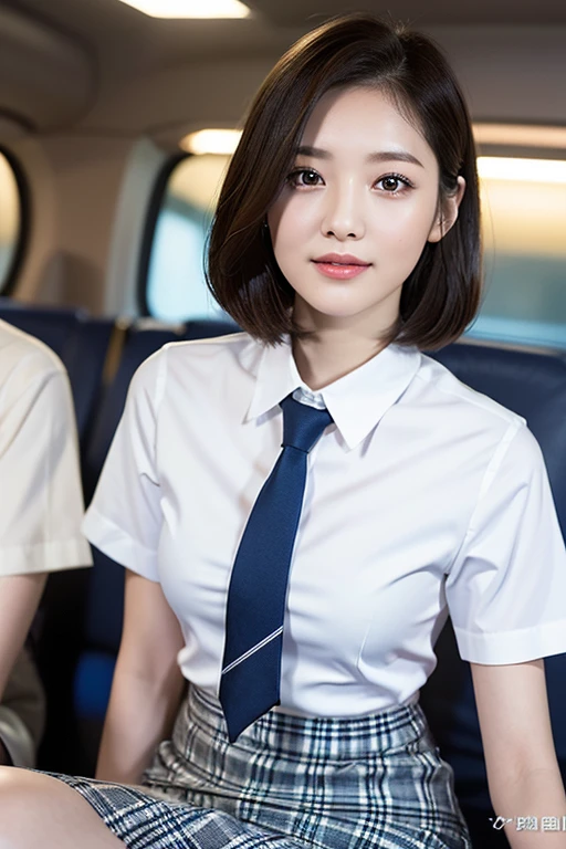 1 girl, age 12, beautiful detailed eyes, beautiful detailed lips, long eyelashes, symmetrical face, youthful smooth complexion, short bob hair, slender figure, friendly approachable smile, confident poised demeanor, white short-sleeve blouse, plaid tie, plaid mini-skirt, sitting in empty china bullet train at night, drenched from heavy rain, nightsky background blurred with bokeh effect, (best quality,4k,8k,highres,masterpiece:1.2),ultra-detailed,(realistic,photorealistic,photo-realistic:1.37),HDR,UHD,studio lighting,ultra-fine painting,sharp focus,physically-based rendering,extreme detail description,professional,vivid colors,bokeh