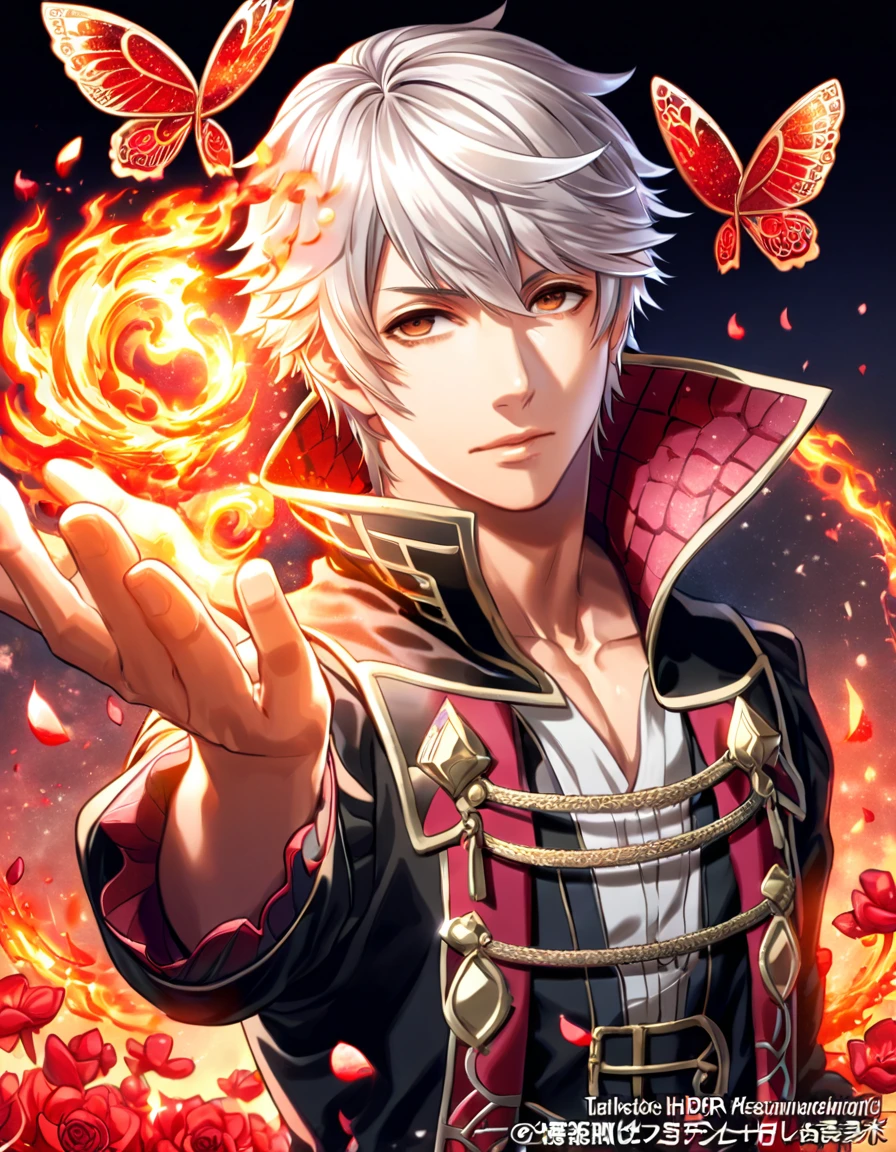 absurdres, highres, ultra detailed, HDR, master piece, best quality, Robin, white hair, expressive brown eyes, fire emblem awakening, solo, sexy man, handsome, black tunic, magical, fantasy, shining, red flowers, red blossoms, red butterflies, red petals