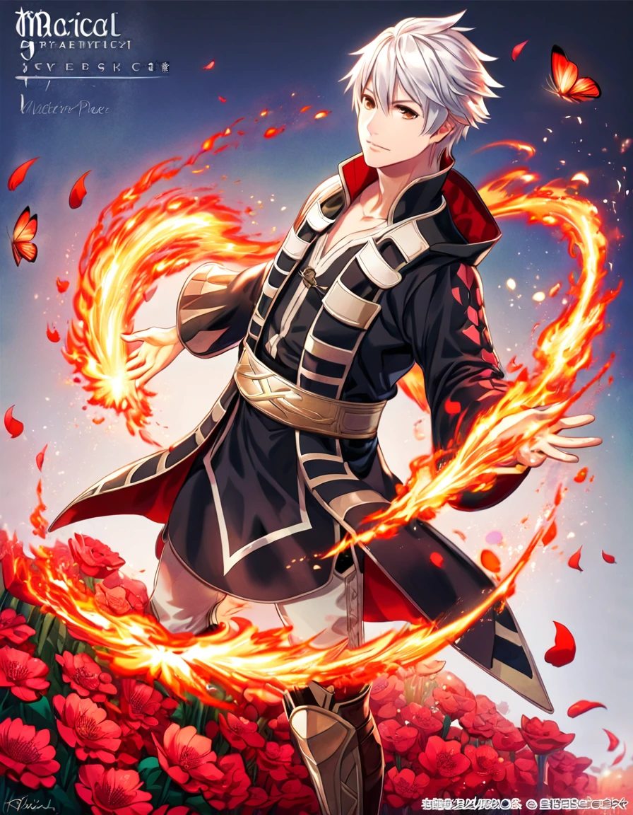 absurdres, highres, ultra detailed, HDR, master piece, best quality, Robin, white hair, expressive brown eyes, fire emblem awakening, solo, sexy man, handsome, black tunic, magical, fantasy, shining, red flowers, red blossoms, red butterflies, red petals