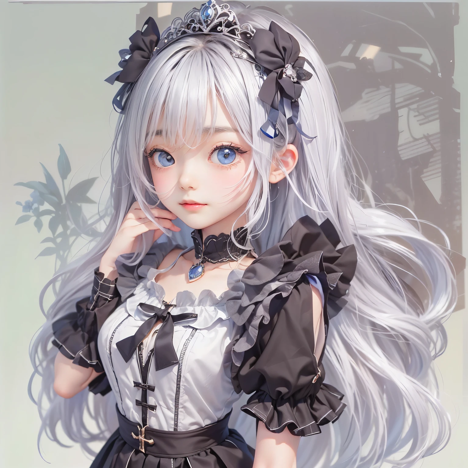 detailed face, cute face, ((masterpiece)), (Highest quality))), (Character design sheet, National costume, same characters, front, ~ side, return), figure, 1 girl, whole body, Silver Hair, eyes hair, Beautiful Eyes, Princess Cut, Environmental change scene, Short skirt, Shyness, woman, girl, Are standing, Gothic Lolita, VTuber, Chartern Betarola, (simple returnground, white returnground: 1.3) ( masterpiece:1.2), (Highest quality:1.3)