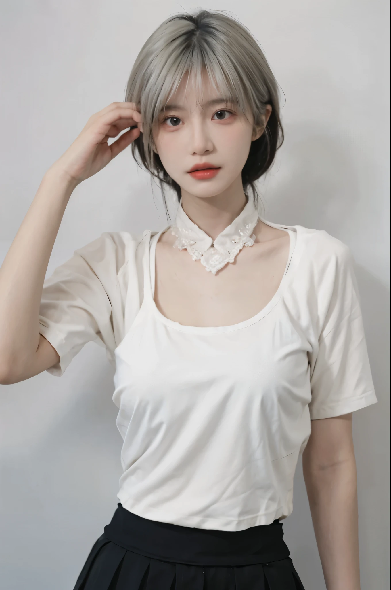 Beautiful woman with perfect figure:1.4,Ultra-high resolution,White background,(lifelike:1.4),Layered Hairstyle,White skin,Bikini:1.5,Super short pleated skirt,whole body,Very delicate face and skin texture,Double eyelids,Skin Whitening,short hair,White hair