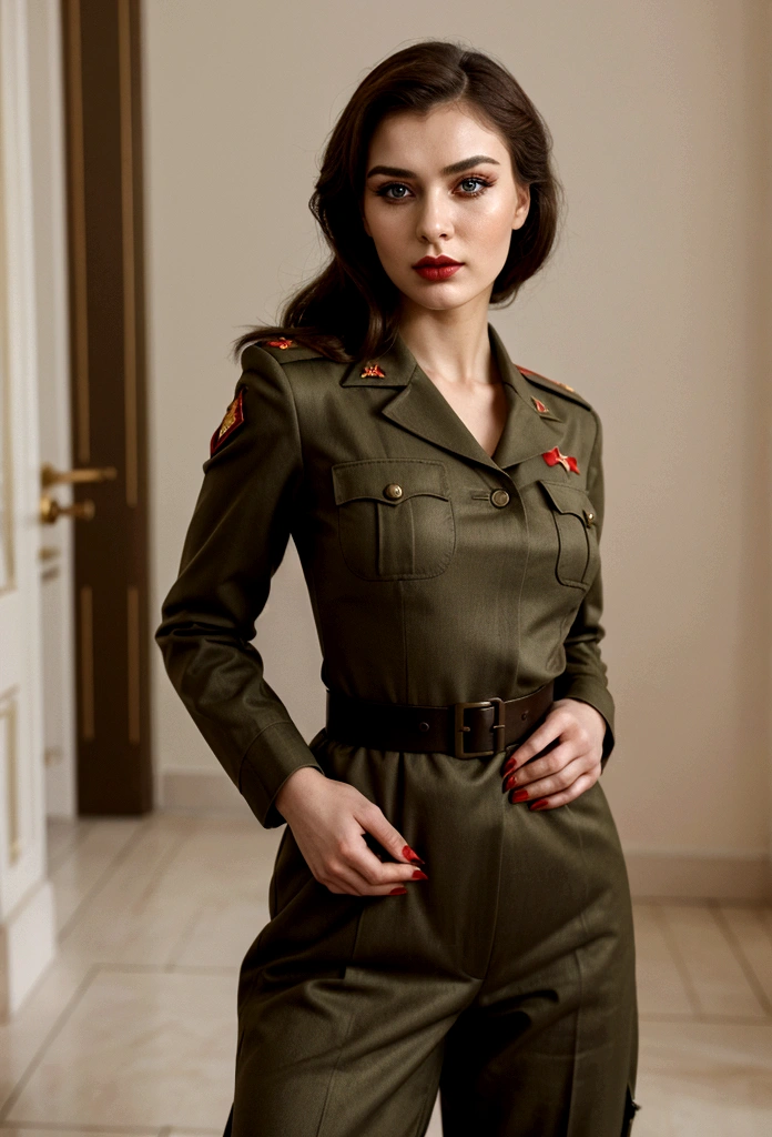 Soviet woman, standing, Soviet officer, model appearance, a lot of makeup, sexy face with full makeup, DRESSED IN MILITARY UNIFORM