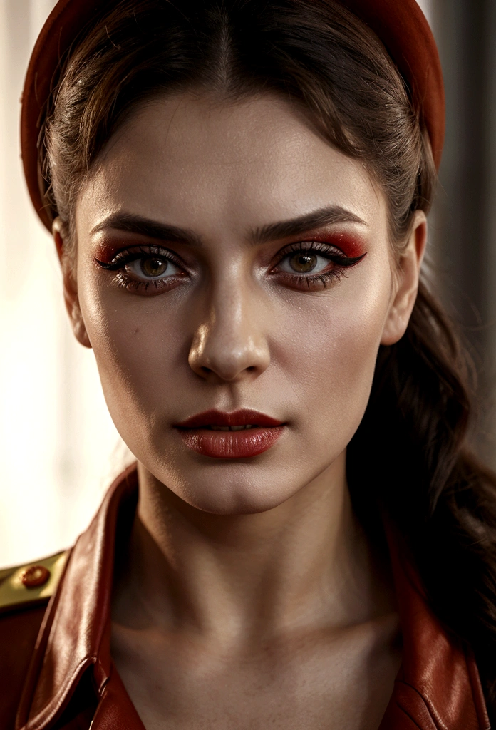 Soviet woman, standing, Soviet officer, model appearance, a lot of makeup, sexy face with full makeup, DRESSED IN MILITARY UNIFORM