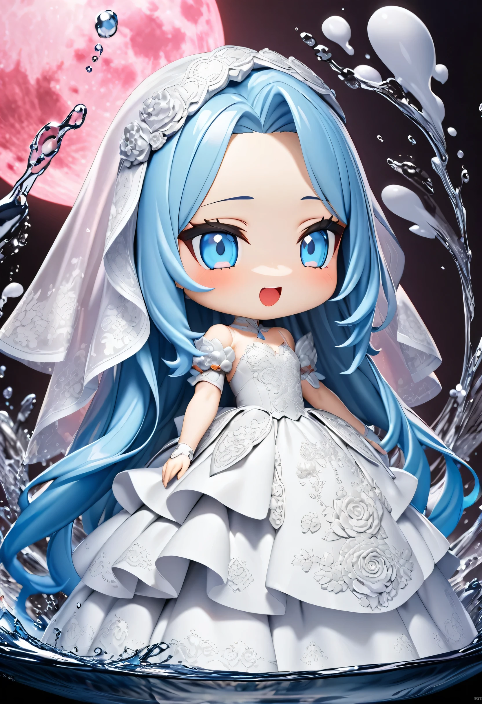 nendoroid:2, (profile:2 close-up face), ((15 yo)), (solo:2 forehead blue hair long hair cute bride girl, lovely blue eyes, ecstasy:1.4 smile), break, (((make-up))) ((red lips)), (open mouth), (in a detailed Blue Rose Embroidery silk:1.5 white wedding dress, silk veil), break, (in the open ocean view beach), (background detailed biggest pink moon), BREAK, perfect anatomy, masterpiece, best quality, 16k, beautiful detailed grow, daydreaming expression.