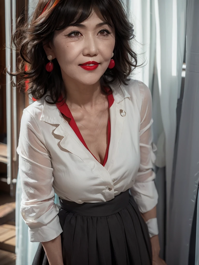 NSFW, ((highest quality)), ((8K)), ((masterpiece:1.3)), (perfect look), (photorealism:1.6), (walking woman), (Japanese woman shopping), (A shopping mall where many people go), clear background, (grayscale: 1.6), japanese woman, 47 years old, ((Realistic skin texture)), (Fine wrinkles throughout the skin: 1.3), (Dull skin: 1.1), (Skin without moisture: 1.2) , (Wrinkles on the face: 0.9), (Wrinkles on the corners of the eyes: 1.2), Double eyelids, tear bags on the lower eyelids, (Crying moles: 0.9), The eyes are looking here, serious gaze, (Dimples: 1.2), red lips, (short bangs: 1.2), short hair, Long hair with curls at the tips, (hair falls over ears), smiling with the corners of the mouth raised, soft fabric blouse, wide sleeves, Cuffs that fit your wrist, long skirt, barefoot, hair fluttering in the wind, small breasts, (Only women's lips are colored: 1.6), (bright red lips: 1.6), (whole body: 1.4), Angle from feet: 1.4,