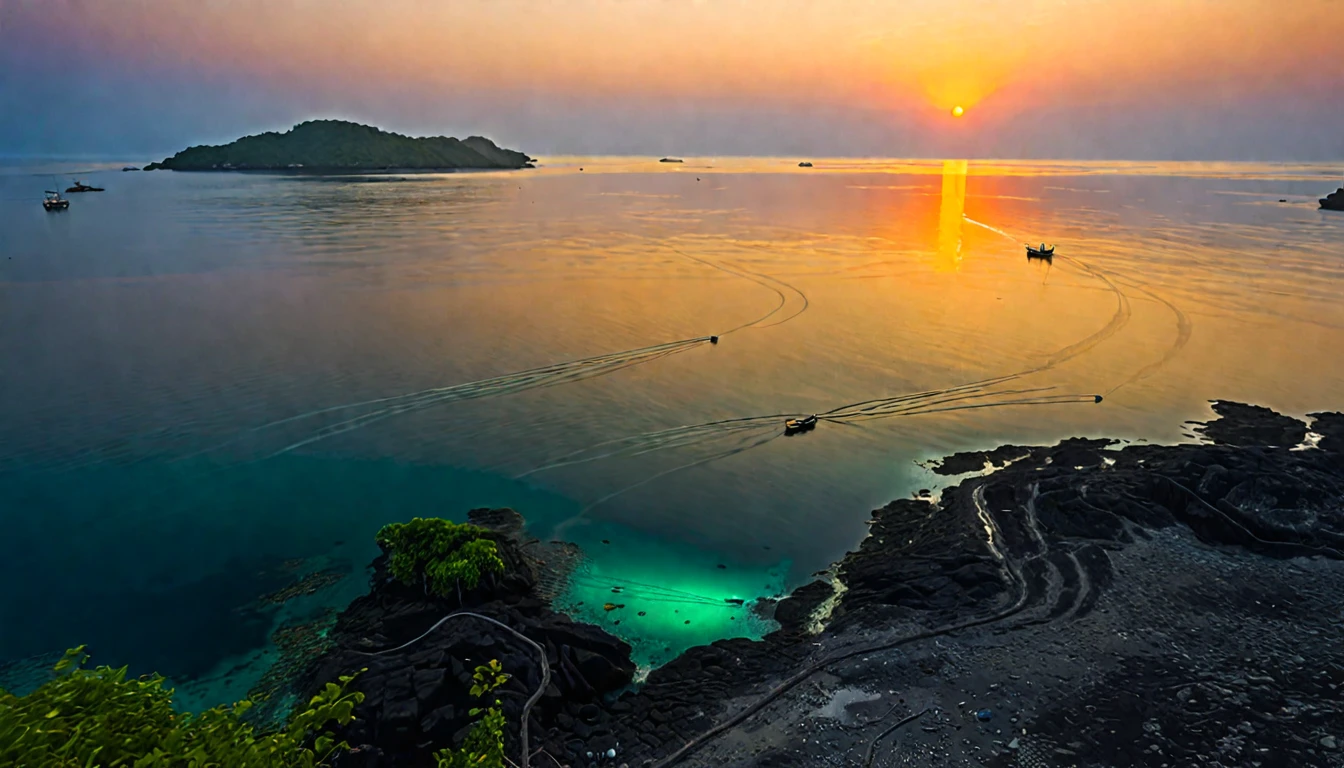 Sea，early morning，Glow，Island，fishing boat，RAW，UHD，8k，Detailed Details，Best quality，Perfect color matching，Sense of atmosphere，Masterpieces shot by international photography masters，National Geographic Photography Award Winners