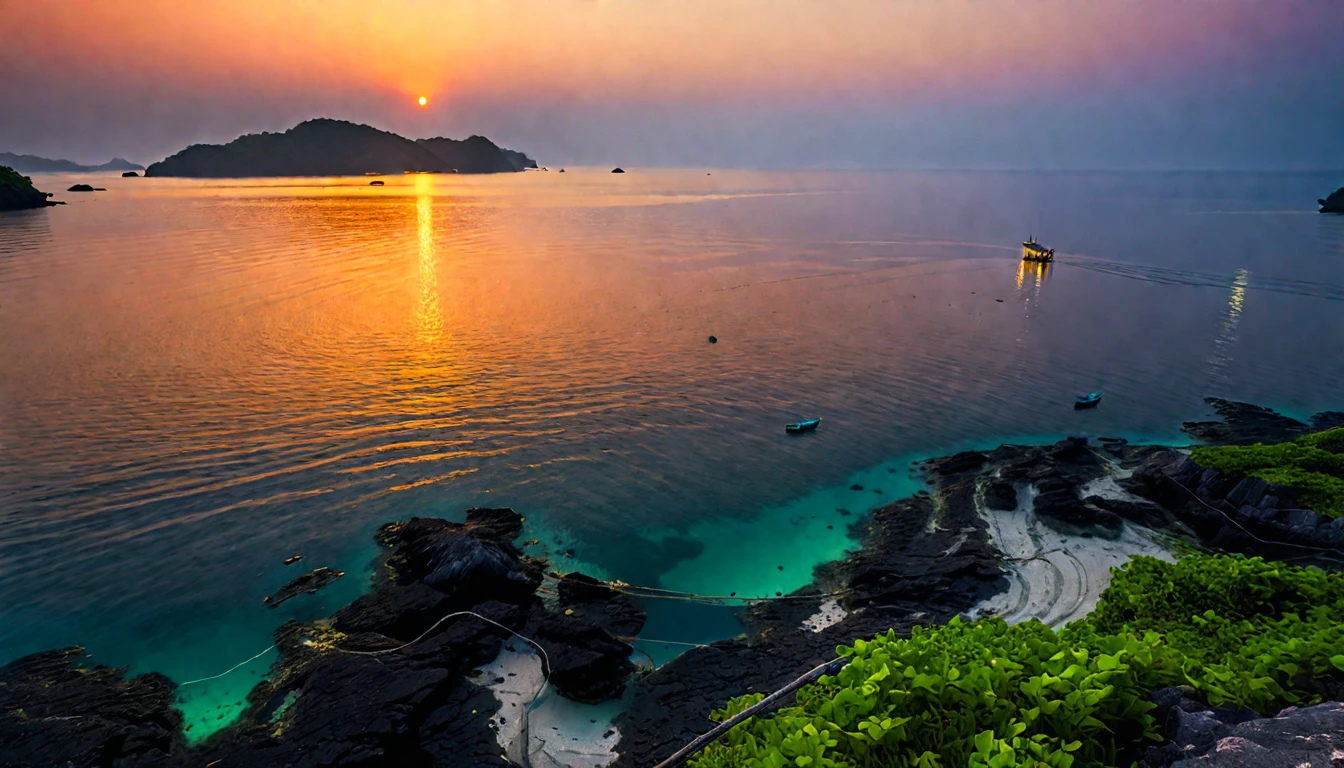 Sea,early morning,Glow,Island,fishing boat,RAW,UHD,8k,Detailed Details,Best quality,Perfect color matching,Sense of atmosphere,Masterpieces shot by international photography masters,National Geographic Photography Award Winners