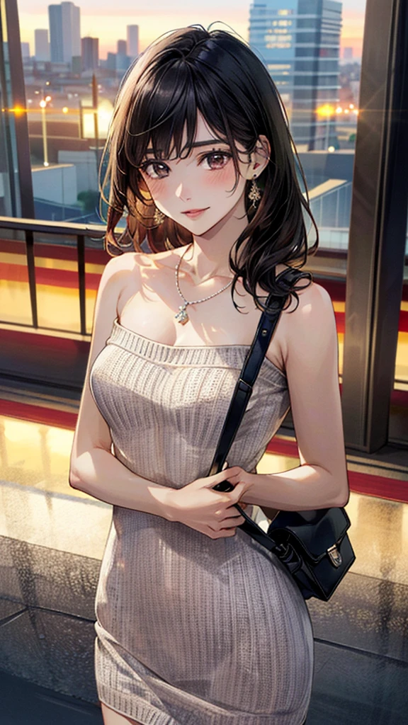 (masterpiece:1.3, Highest quality, Ultra-high resolution, Super detailed), (Realistic, photoRealistic:1.4), Beautiful illustrations, Perfect lighting, colorful, Depth of written boundary,
Beautiful detailed hair, Beautifully detailed face, Beautiful fine details, Beautiful clavicle, Beautiful body, 美しいLarge Breasts, Beautiful thighs, Beautiful feet, Beautiful fingers,
View Viewer、Front view:0.6, Beauty1人, Japanese, Beauty、30 years old, Perfect Face, (Perfect Anatomy, Anatomically correct), Cute and symmetrical face, Baby Face, , Shiny skin,
((Detailed cloth texture、long、Bordeaux knit dress:1.4)),(One shoulder bag:1.2)
(Black Hair, Medium straight:1.4), Dark brown eyes, Large Breasts, Slim body,
necklace, Small earrings:1.1,
(Beautiful views), (night), (city, cityscape in the distance), Standing with good posture, A soft smile、(Smile, Lips parted),