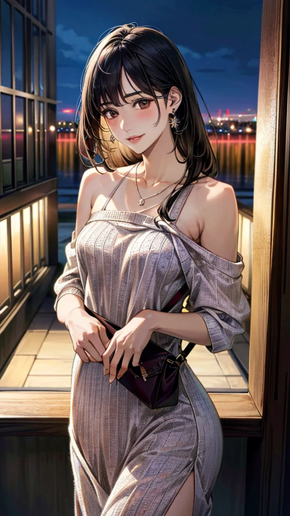 (masterpiece:1.3, Highest quality, Ultra-high resolution, Super detailed), (Realistic, photoRealistic:1.4), Beautiful illustrations, Perfect lighting, colorful, Depth of written boundary,
Beautiful detailed hair, Beautifully detailed face, Beautiful fine details, Beautiful clavicle, Beautiful body, 美しいLarge Breasts, Beautiful thighs, Beautiful feet, Beautiful fingers,
View Viewer、Front view:0.6, Beauty1人, Japanese, Beauty、30 years old, Perfect Face, (Perfect Anatomy, Anatomically correct), Cute and symmetrical face, Baby Face, , Shiny skin,
((Detailed cloth texture、long、Bordeaux knit dress:1.4)),(One shoulder bag:1.2)
(Black Hair, Medium straight:1.4), Dark brown eyes, Large Breasts, Slim body,
necklace, Small earrings:1.1,
(Beautiful views), (night), (city, cityscape in the distance), Standing with good posture, A soft smile、(Smile, Lips parted),