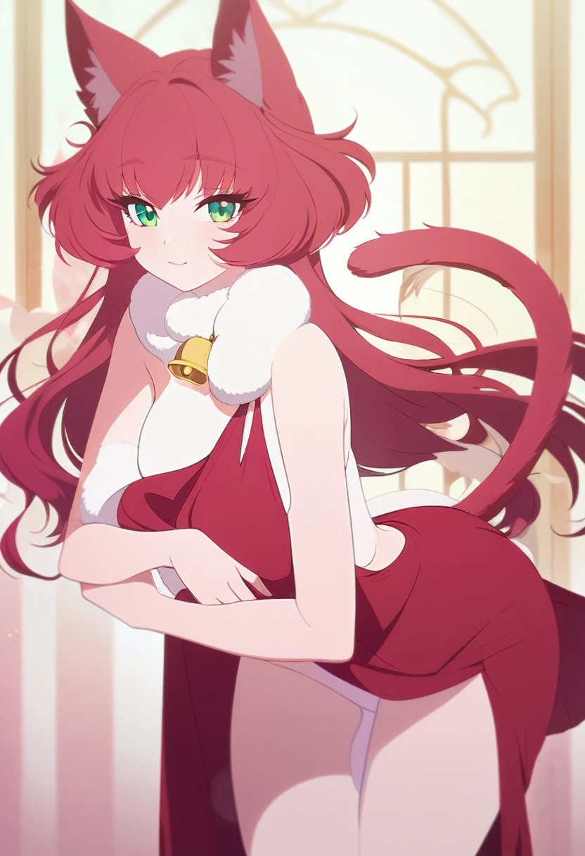 A stunning cat girl with an irresistible allure, her beauty enhanced by her vibrant red hair that cascades down her back in soft, gentle waves. Her striking emerald green eyes are framed by long, thick eyelashes, and her porcelain skin seems to glow in the warm light. She stands with her legs slightly bent, her hands resting delicately on her slender hips, accentuating her curvy figure. Her tail, adorned with a fluffy, red fur, swishes gently back and forth, adding to her feline charm. She wears a fitted, crimson dress that hugs her curves, its hemline ending just above her knees, revealing her smooth, pale legs. Around her neck, she has a collar adorned with a small, silver bell, a symbol of her feline nature. The background is a soft, pastel shade of pink, adding to the ethereal atmosphere of the image. Her red hair and green eyes seem to glow against the pale pink backdrop, making her appear even more striking and enchanting.
