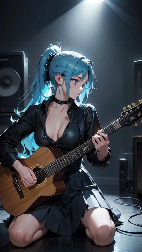 A masterpiece of a young woman, showcasing her unique style and musical talents. In the dimly lit interior, with soft blue accents on the walls, she stands confidently with one leg slightly raised, her electric guitar slung over her shoulder. Her striking features include piercing blue eyes, a double ponytail adorned with teal hair extensions, and a pleated skirt that flows like a dark waterfall down her legs. A black shirt accentuates her toned physique, while headphones wrap around her neck, a symbol of her passion for music. As she plays the guitar, her long hair cascades down her back, a mesmerizing sight as she sings with conviction, the spotlight on her face illuminating her radiant beauty, kneeling