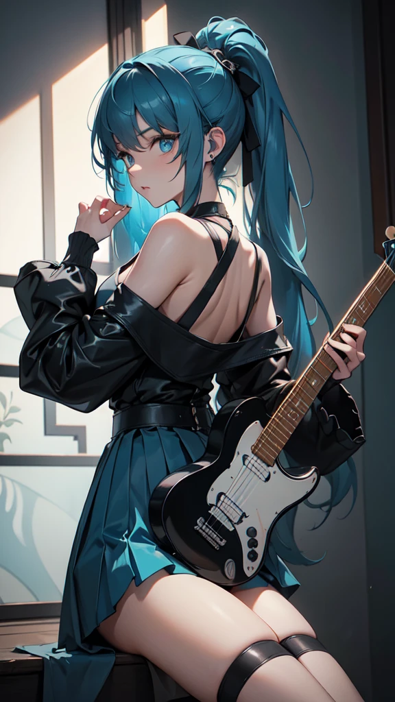 A masterpiece of a young woman, showcasing her unique style and musical talents. In the dimly lit interior, with soft blue accents on the walls, she stands confidently with one leg slightly raised, her electric guitar slung over her shoulder. Her striking features include piercing blue eyes, a double ponytail adorned with teal hair extensions, and a pleated skirt that flows like a dark waterfall down her legs. A black shirt accentuates her toned physique, while headphones wrap around her neck, a symbol of her passion for music. As she plays the guitar, her long hair cascades down her back, a mesmerizing sight as she sings with conviction, the spotlight on her face illuminating her radiant beauty, kneeling