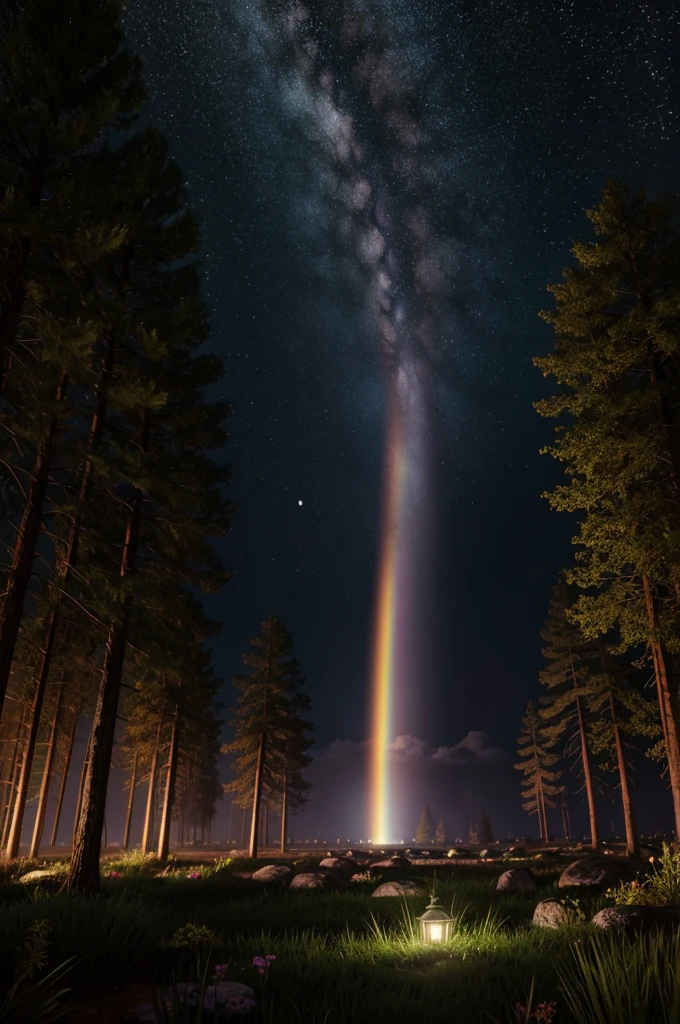 rainbow, very beautiful, photorealism, 8k, extra detailed, shiny, in night forest, night, growing, bright, atmospheric, comette, comette in the sky, armageddon, falling asteroid