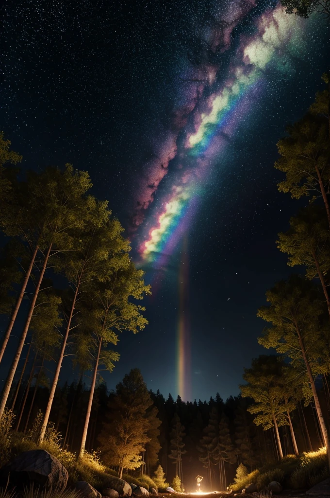 rainbow, very beautiful, photorealism, 8k, extra detailed, shiny, in night forest, night, growing, bright, atmospheric, comette, comette in the sky, armageddon, falling asteroid