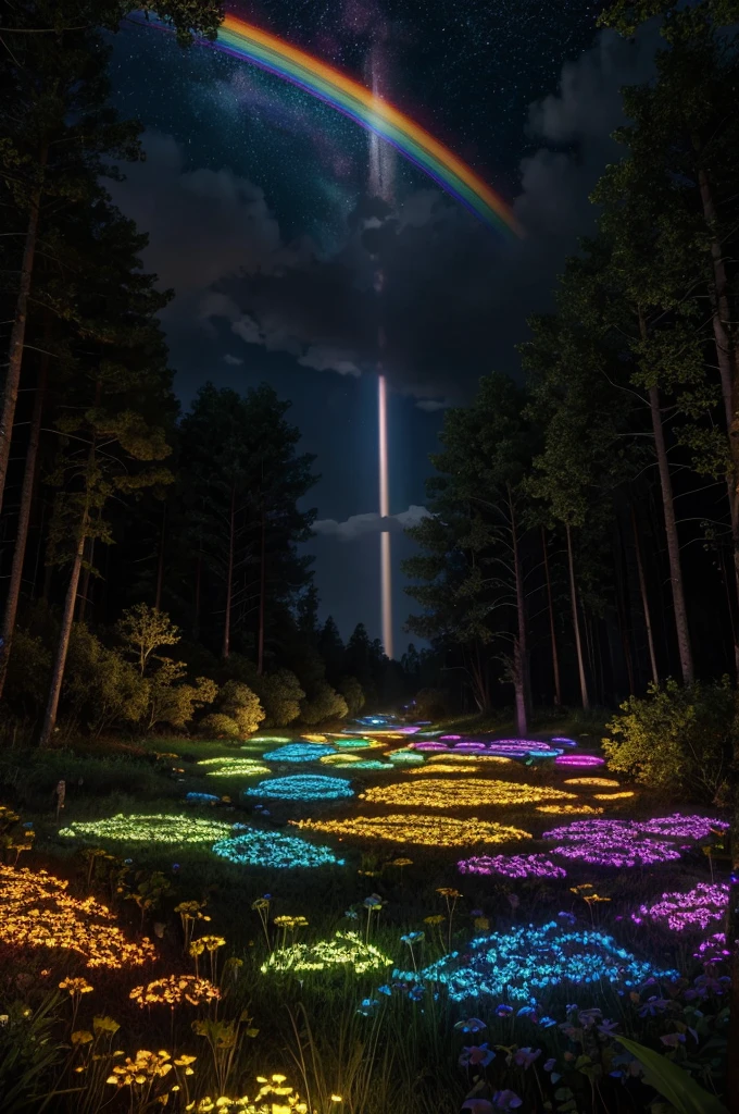 rainbow, very beautiful, photorealism, 8k, extra detailed, shiny, in night forest, night, growing, bright, atmospheric, comette, comette in the sky, armageddon, falling asteroid