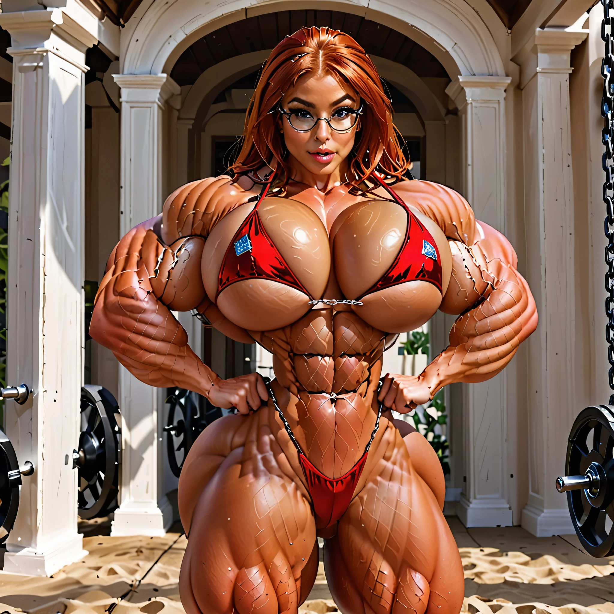 (((Ultra Massive))) Chelsea Gilligan, business empress sitting in a modern throne, (((full body shot))), (((smooth thick round glasses))):1.6, evil smile,
((intense red hair)), (Luxury high heels), gloss red lipstick, hypermuscle, (((super hot business suit))),
((tall)), ((tanned skin)), (((stretched strained shirt))) BREAK
(((visible massive flexed powerful huge 8-pack abs))):1.8, ((( wide muscular torso))):1.8, (((broad hypermuscular shoulders))):1.4, (((modern throne room))):1.8, hourglass (((clenched fists))) BREAK
((huge thick muscular arms)):1.2, ((huge biceps)), ((huge abdominals)), ((pectorals)), BREAK
(((engorged abs, lats))),
(sensual powerful expression) , clenching her fists, deep cleavage BREAK
solo focus fantasy gorgeous kinky cute age slim fit busty with big , ((tanned skin)), detailed eyes, shiny skin,, freckles, beautiful make up, beautiful feminine face, long ginger hair,
((tiny waist, tiny hips, small round butt)), small thighs, masterpiece, beautiful, eyeliner, high resolution, high quality, intense lighting, ambient occlusion, depth of field, BREAK
tiny waist, detailed pupils, cute, gorgeous, (((kinky))), hot girl, top model, Hyper muscular. ((thick visible hypermuscular flexed powerful 8-pack abs)):1.8, hourglass (((clenched fists))), ((thick muscular arms)), ((huge biceps)), ((huge abdominals)), ((pectorals)), detailed pupils, cute, gorgeous. Hyper wide broad shoulders. Electricity crackling and sparking around her eyes. Glowing eyes. (she's wearing a microbikini ), ((tall)), ((tanned skin)), (((breaking chains and metal shackles))):1.4, (((stretched strained torn armor)))