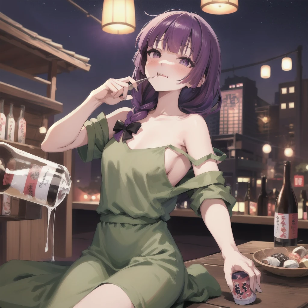 hiroi kikuri, sharp teeth, blunt bangs, braid, hair over shoulder, hair bow, green dress, strap slip, purple hair, purple eyes
masterpiece, best quality, absurdres, bar, night, drinking sake, happy, drunk