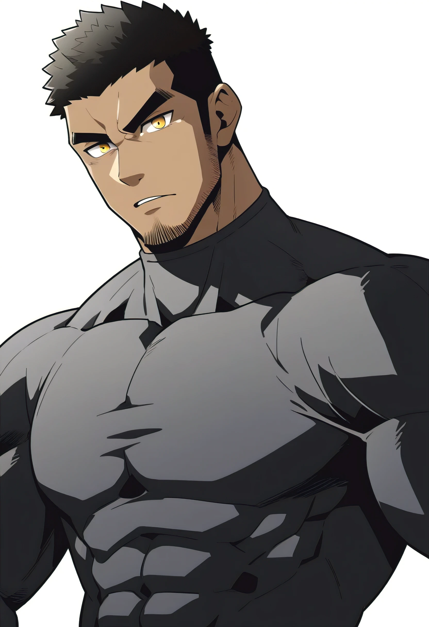 one negro, anime characters：Gyee, Hibino Kafka, One Muscle Sports Student, negro black skin, Very Black, muscular tough guy, Manliness, male focus, Grey long sleeve turtleneck tight t-shirt, Regular symmetrical pattern, Very tight, muscular male, muscular, only, Upper body, alone, Black short hair, Thick eyebrows, stubble, Yellow eyes, White background, simple background, amazing quality, best aesthetics, Ridiculous, bright pupils, crew cut, parted lips, v-shaped eyebrows, jitome, best quality