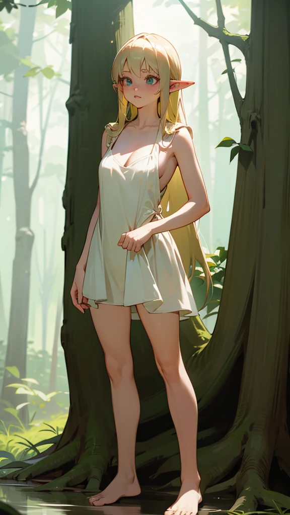 Blonde pointy-eared young elf,White one-piece dress,cleavage,,barefoot,Standing,forest