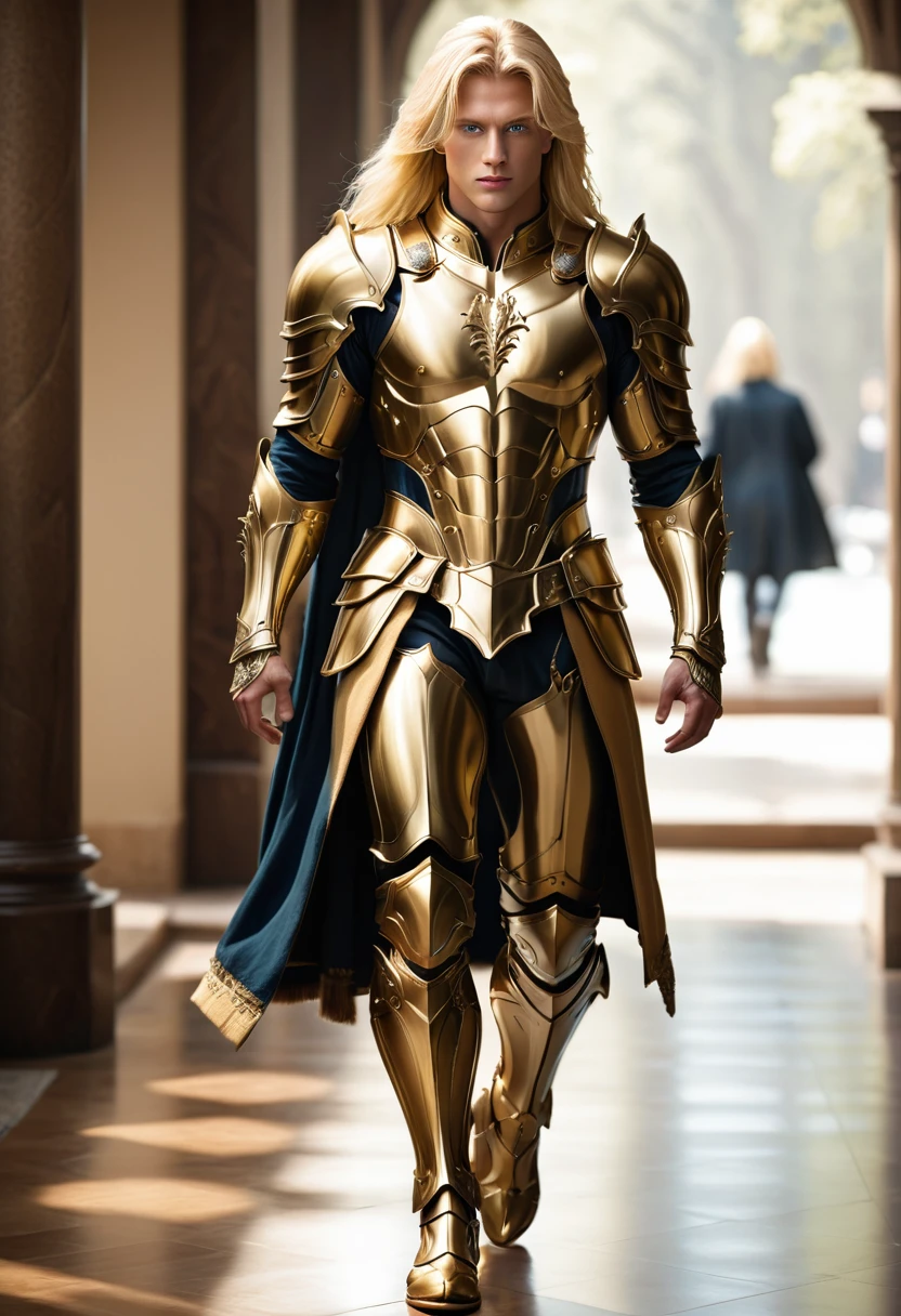 extremely handsome blond man, amazing quality, masterpiece, best quality, hyper detailed, ultra detailed, UHD, perfect anatomy, model, stylish pose, wearing fantastic armor, gold armor, full-body armor, shades, blond hair, hand up, extremely detailed, Nordic man,
