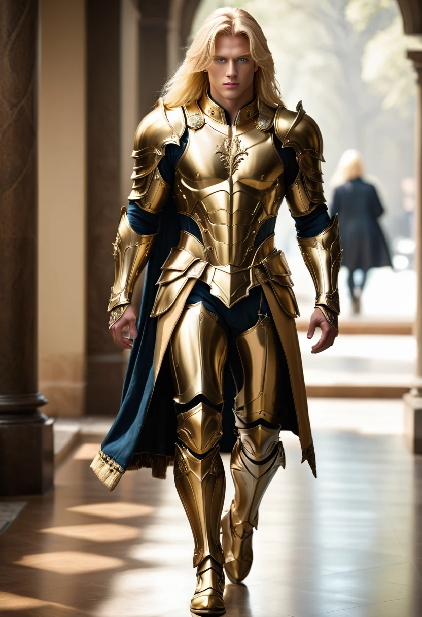 extremely handsome blond man, amazing quality, masterpiece, best quality, hyper detailed, ultra detailed, UHD, perfect anatomy, model, stylish pose, wearing fantastic armor, gold armor, full-body armor, shades, blond hair, hand up, extremely detailed, Nordic man,
