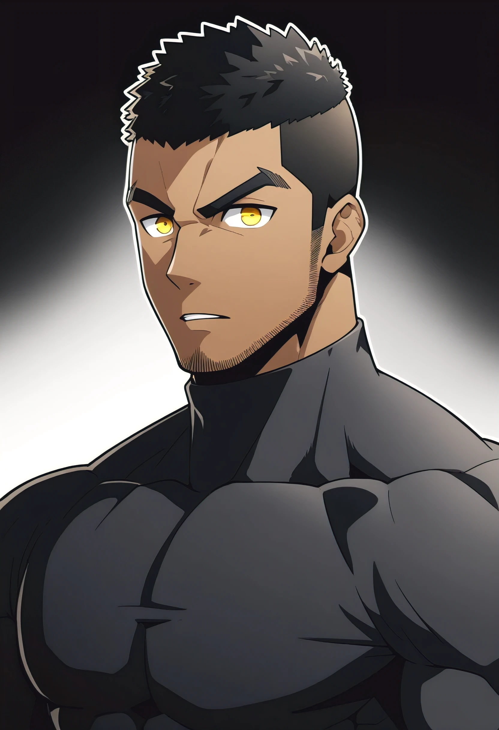 one , anime characters:Gyee, Hibino Kafka, One Muscle Sports Student, negrok skin, Very Black, muscular tough guy, Manliness, male focus, Grey long sleeve turtleneck tight t-shirt, Regular symmetrical pattern, Very tight, muscular male, muscular, only, Upper body, alone, Black short hair, Thick eyebrows, stubble, Yellow eyes, White background, simple background, amazing quality, best aesthetics, Ridiculous, bright pupils, crew cut, parted lips, v-shaped eyebrows, jitome, best quality