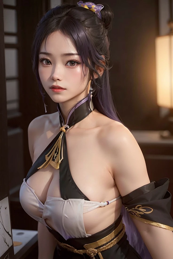 1girl, raiden shogun, bikini, long hair, purple hair, relistic, ultra detail, 70mm lens,