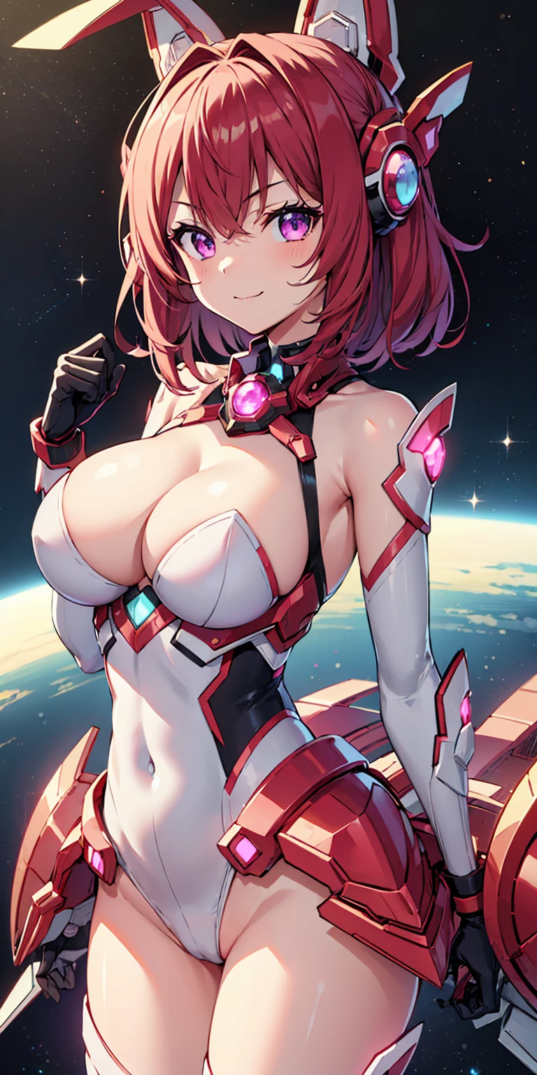 1girl, solo, tailred, mecha musume, medium hair, red hair, headgear, perfect face, purple eyes, looking at viewer, cute, smile, :3, uwu, closed mouth, big breasts, (silver leotard:1.3), (silver top:1.3), silver panties, space in background, cowboy shot, scifi, masterpiece, high resolution, best quality,