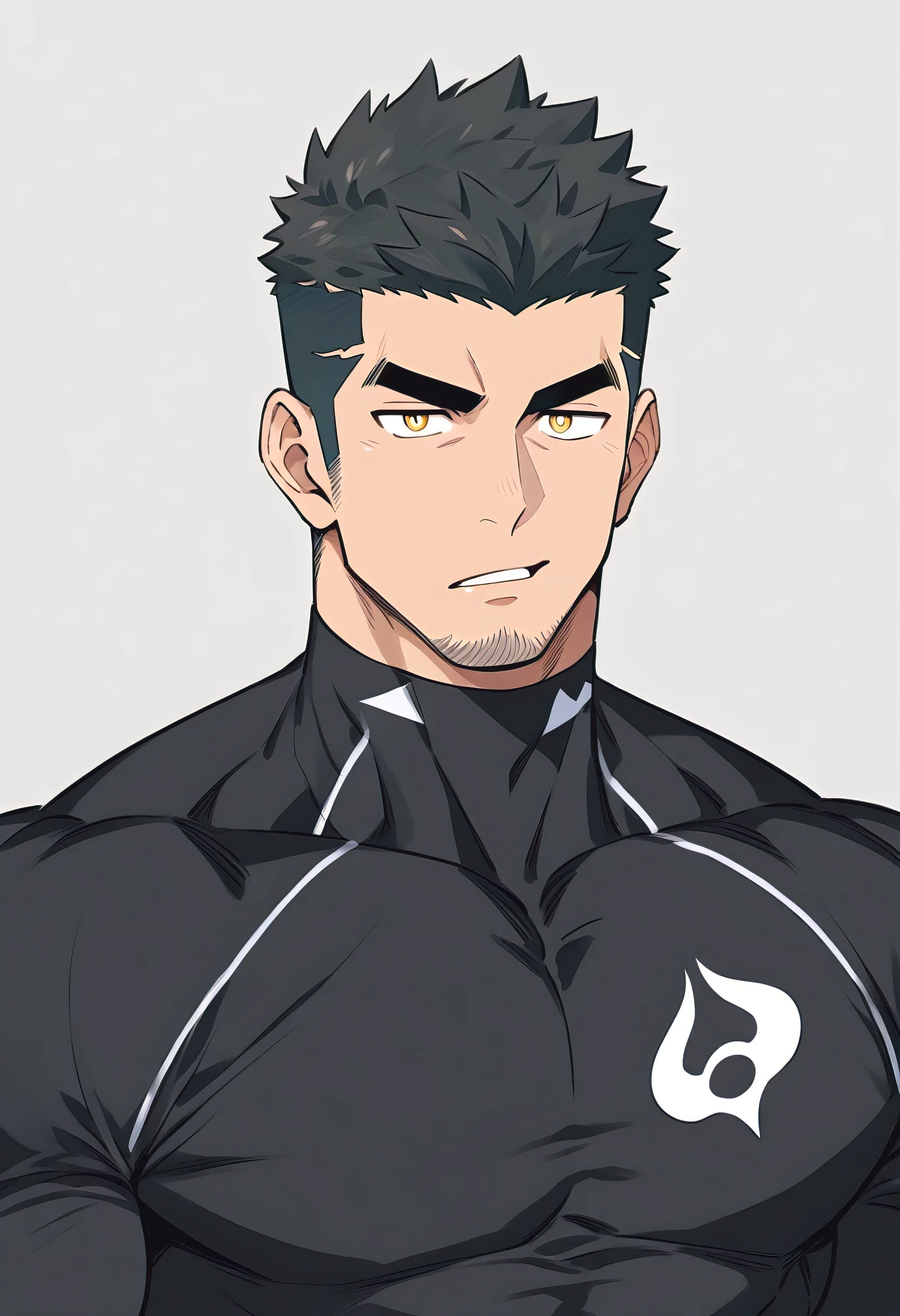 one negro, anime characters:Gyee, Priapus, One Muscle Sports Student, negro black skin, Very Black, muscular tough guy, Manliness, male focus, Grey long sleeve turtleneck tight t-shirt, Regular symmetrical pattern, Very tight, muscular male, muscular, only, Upper body, alone, Black short hair, Thick eyebrows, stubble, Yellow eyes, White background, simple background, amazing quality, best aesthetics, Ridiculous, bright pupils, crew cut, parted lips, v-shaped eyebrows, jitome, best quality