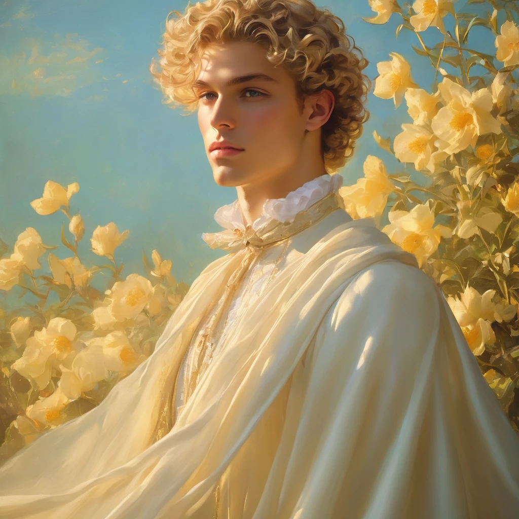 candid an photo of prince charming, 23 year old male supermodel, attractive and exotic, short curly blonde hair, a masculine appearance with slender smooth body, delicate and symmetrical face, natural olive skin tone, pose in a graceful contrapposto stance, inspired by Irises by Vincent Van Gogh 1889, he is wrapped in classical drapery sheer pastel color fabric, with flowing dramatically in the strong wind, some fabric to billow as if caught, The composition include mythological elements, such as a backdrop of a serene with a golden sunrise and nymphs to frame the scene. Illuminate the scene with soft diffused lighting to create a dreamlike, celestial atmosphere, capturing the delicate interplay of light and shadow on his face and body. ((full body shot)), wide-angle lens on a high-resolution DSLR camera to capture the grandeur and intricate details of the setting, while shooting from a dynamic angle to emphasize the model's majestic presence. The overall mood should blend the classical elegance of Botticelli's work with a modern, high-fashion aesthetic, producing an image that feels both timeless and contemporary, adding the Two Cherubs in the sense to balance and harmony the photo, evoke the soft ethereal quality of the Renaissance style, POV, raw photo, ((masterpiece)), ((best quality)), High Resolution, (ultra_realistic), (photorealistic), (NSFW), ((Pay attention to the layer and arrangement of body and surrounding)), ((Pay attention to the body composition)), ((Correct body structure)), ((Correct distance)), romantic atmosphere, lively extremely Gorgeous background,