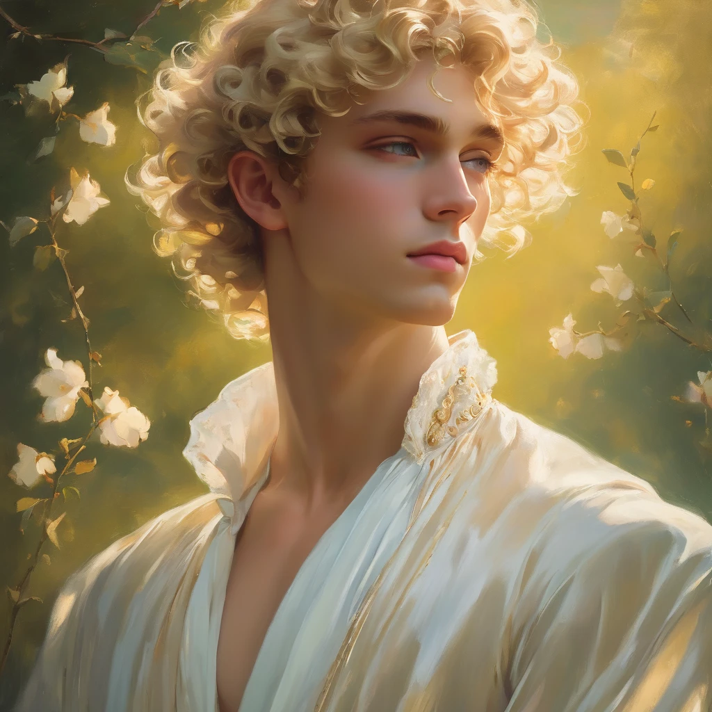 candid an photo of prince charming, 23 year old male supermodel, attractive and exotic, short curly blonde hair, a masculine appearance with slender smooth body, delicate and symmetrical face, natural olive skin tone, pose in a graceful contrapposto stance, inspired by Irises by Vincent Van Gogh 1889, he is wrapped in classical drapery sheer pastel color fabric, with flowing dramatically in the strong wind, some fabric to billow as if caught, The composition include mythological elements, such as a backdrop of a serene with a golden sunrise and nymphs to frame the scene. Illuminate the scene with soft diffused lighting to create a dreamlike, celestial atmosphere, capturing the delicate interplay of light and shadow on his face and body. ((full body shot)), wide-angle lens on a high-resolution DSLR camera to capture the grandeur and intricate details of the setting, while shooting from a dynamic angle to emphasize the model's majestic presence. The overall mood should blend the classical elegance of Botticelli's work with a modern, high-fashion aesthetic, producing an image that feels both timeless and contemporary, adding the Two Cherubs in the sense to balance and harmony the photo, evoke the soft ethereal quality of the Renaissance style, POV, raw photo, ((masterpiece)), ((best quality)), High Resolution, (ultra_realistic), (photorealistic), (NSFW), ((Pay attention to the layer and arrangement of body and surrounding)), ((Pay attention to the body composition)), ((Correct body structure)), ((Correct distance)), romantic atmosphere, lively extremely Gorgeous background,