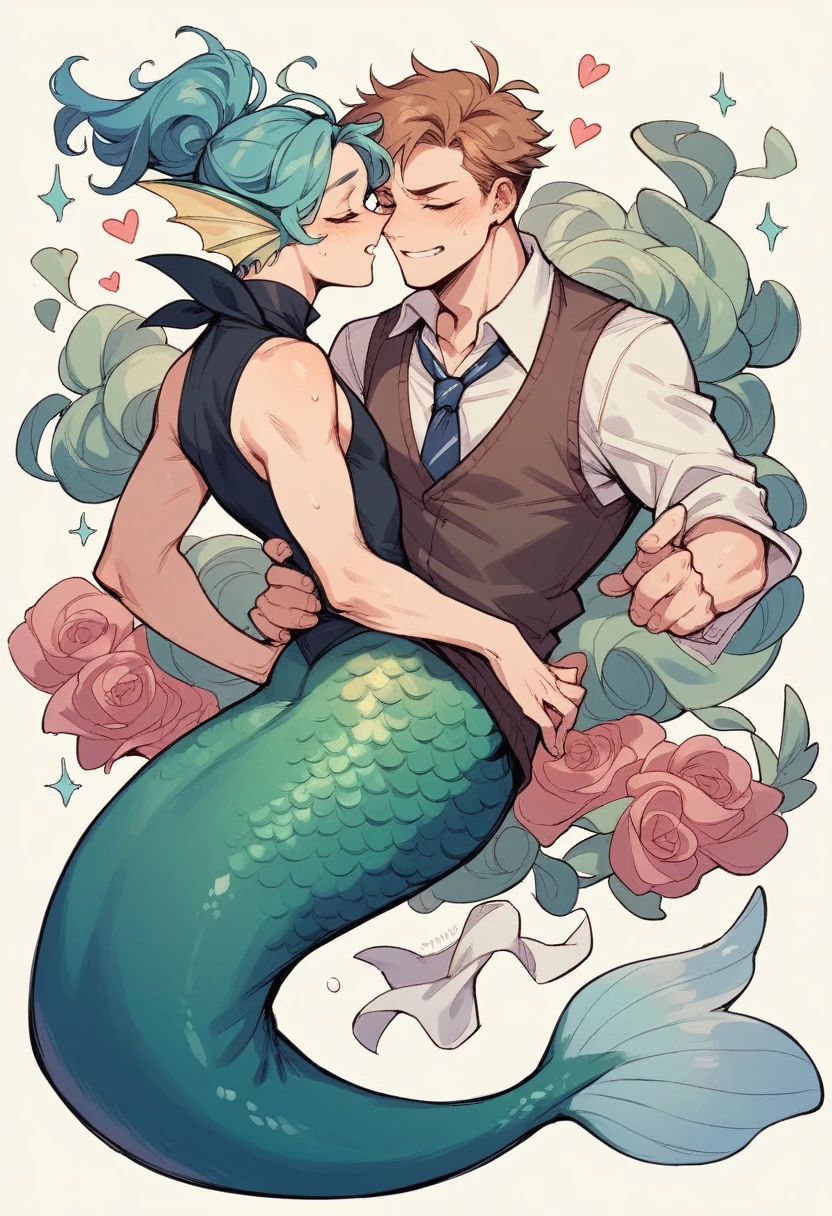 Mermaid hybrid male cartoon , hair black
